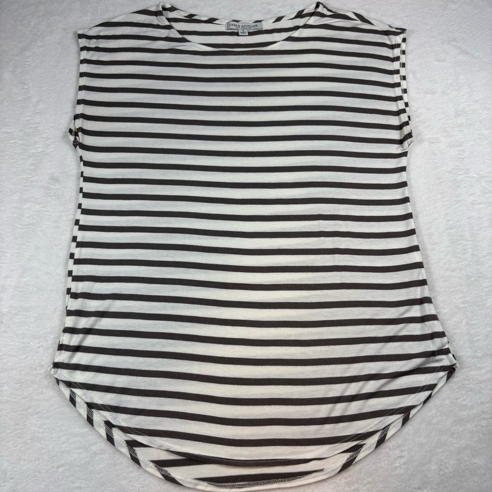 GREEN ENVELOPE Timeless Classic Top Brown Stripe Shirt Cap Sleeve USA Minimalism - Picture 5 of 11